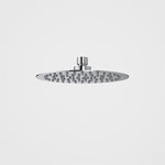Caroma 200mm round rain shower head in chrome, slim overhead shower rose on white background
