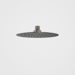 Caroma round rain shower head in gunmetal finish, front view on white background