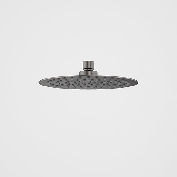 Caroma round rain shower head in gunmetal finish, front view on white background