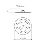 Caroma 200mm round rain shower head, brushed brass, technical drawing showing front and side views with dimensions