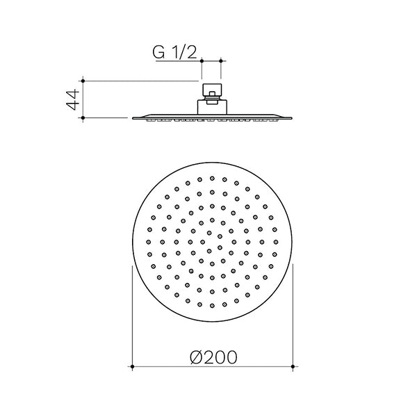 Caroma 200mm round rain shower head, brushed nickel, technical drawing showing front and side views with dimensions