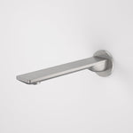Caroma Urbane II round wall-mounted basin/bath outlet in gunmetal, shown in side view with 220mm reach
