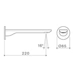 Technical drawing of Caroma Urbane II round bath spout in brushed brass, showing 220mm projection, 16° outlet and 65mm face diameter
