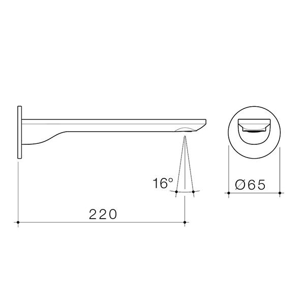 Technical drawing of Caroma Urbane II round bath spout in brushed brass, showing 220mm projection, 16° outlet and 65mm face diameter