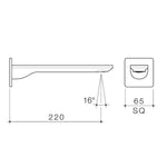 Caroma Urbane II square basin/bath outlet technical drawing in gunmetal, showing 220mm projection and 65mm square wall plate