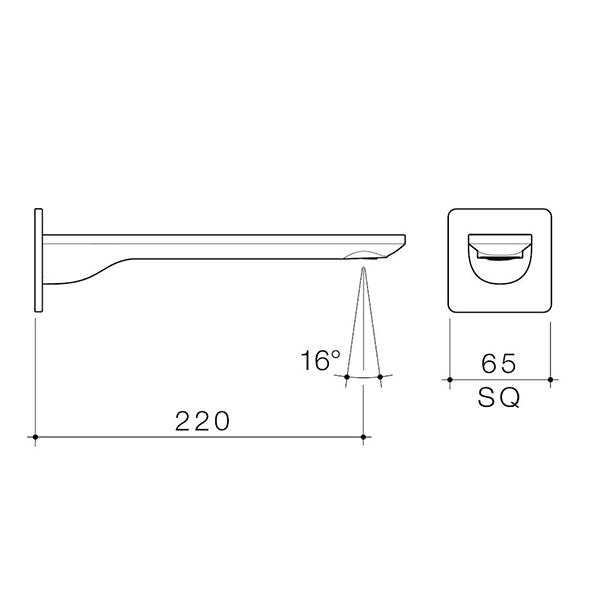 Caroma Urbane II square basin/bath outlet technical drawing in gunmetal, showing 220mm projection and 65mm square wall plate