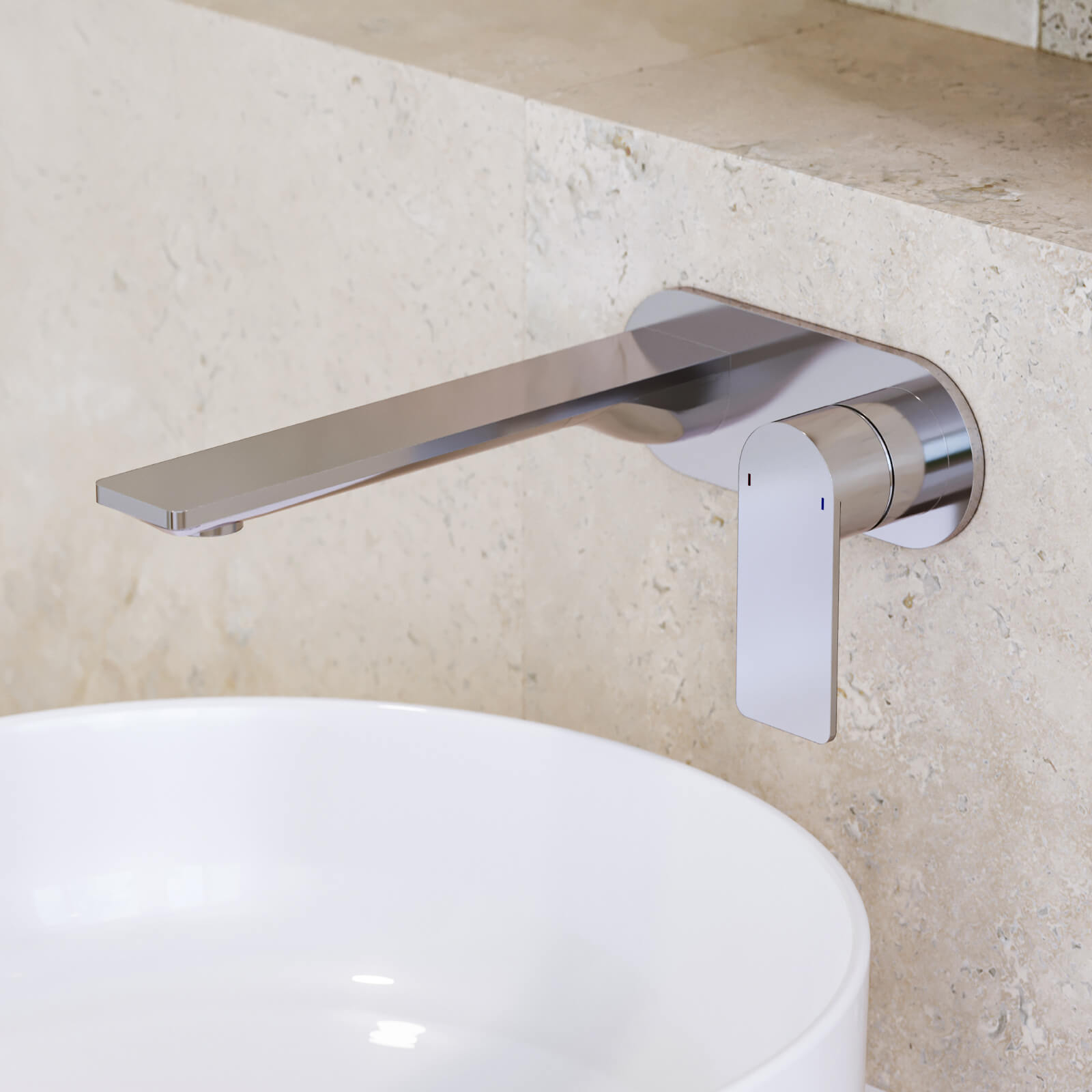 Caroma Urbane II wall basin/bath mixer in chrome, with slim round wall-mounted spout over a basin.