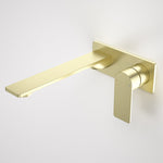 Caroma Urbane II wall basin/bath mixer in brushed brass with slim rectangular spout and lever handle