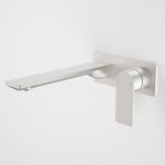 Caroma Urbane II wall basin/bath mixer in brushed nickel, with rectangle spout and single lever on wall plate