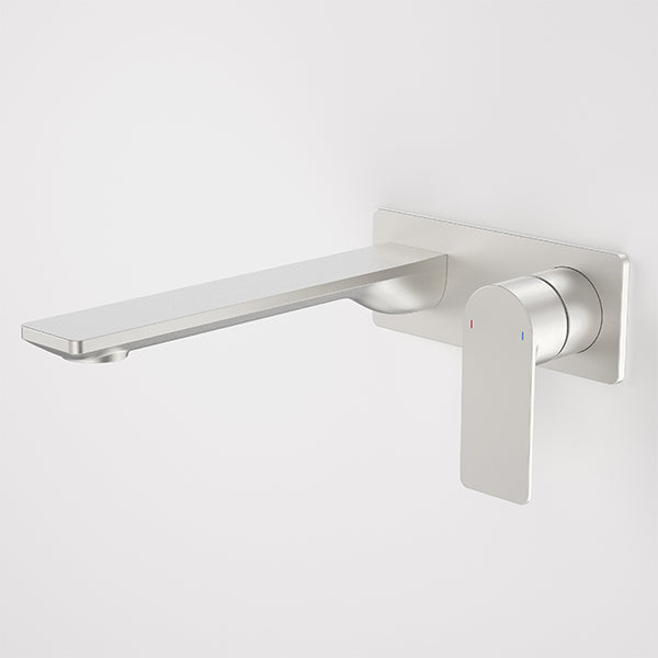 Caroma Urbane II wall basin/bath mixer in brushed nickel, with rectangle spout and single lever on wall plate