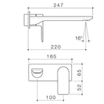 Caroma Urbane II wall basin/bath mixer technical drawing in brushed nickel, showing 220mm reach and rectangle profile