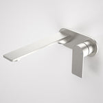 Caroma Urbane II wall basin/bath mixer, round brushed nickel, wall-mounted with long spout and single lever control