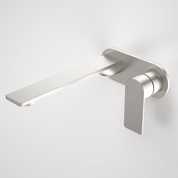 Caroma Urbane II wall basin/bath mixer, round brushed nickel, wall-mounted with long spout and single lever control