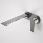 Caroma Urbane II round wall basin/bath mixer in gunmetal, wall-mounted tap with long spout and single lever handle