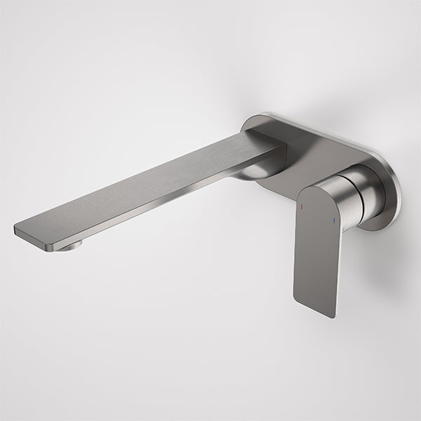 Caroma Urbane II round wall basin/bath mixer in gunmetal, wall-mounted tap with long spout and single lever handle