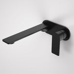Caroma Urbane II wall basin/bath mixer, round matte black, wall-mounted with long spout and lever handle