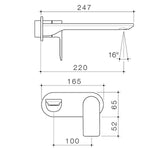 Caroma Urbane II wall basin/bath mixer technical drawing, round gunmetal finish, side and front views with dimensions