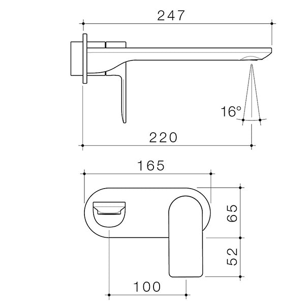 Technical drawing of Caroma Urbane II wall basin/bath mixer, showing round brushed nickel setout dimensions.