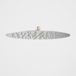 Caroma round rain shower head in brushed nickel, front view on white background