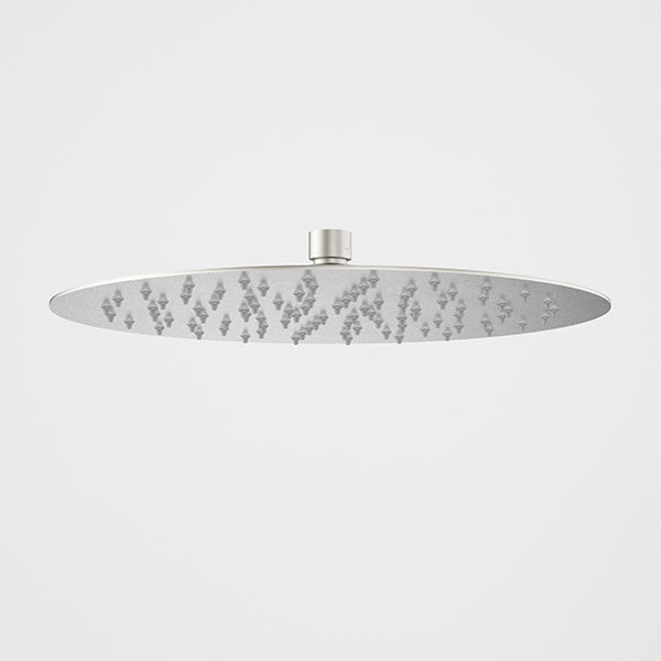 Caroma round rain shower head in brushed nickel, front view on white background