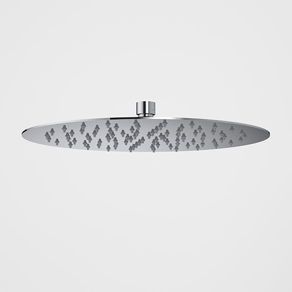 Caroma 300mm round rain shower head in chrome, slim front view with single spray nozzles