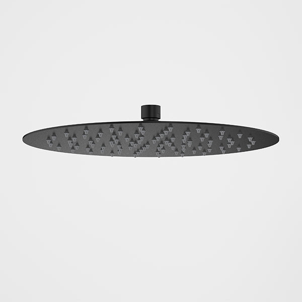 Caroma 300mm round matte black rain shower head, front view, slim low-profile design with silicone nozzles