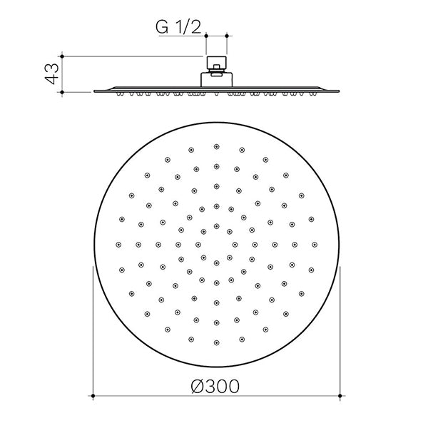 Caroma 300mm round rain shower head, brushed brass finish, shown in technical drawing with 300mm diameter and side profile.