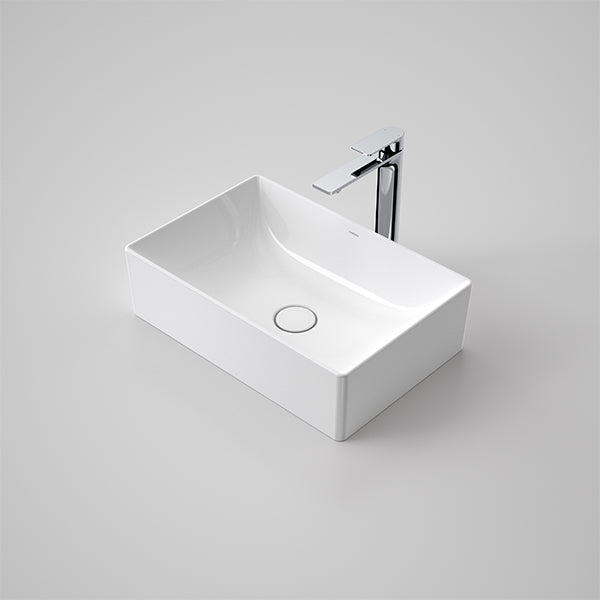 Caroma Urbane II rectangular white above counter basin with glossy ceramic finish and integrated waste, shown with mixer tap