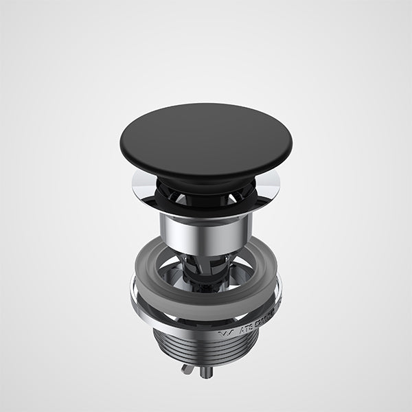Caroma dome pop up basin waste in matte black, shown isolated on white background