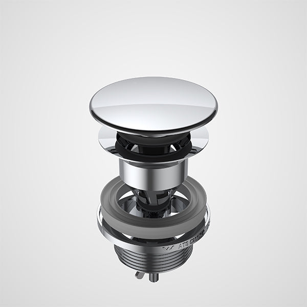 Caroma basin dome pop-up waste, chrome, round long body on white background