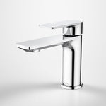 Caroma Urbane II chrome basin mixer tap, modern single lever, side view on white background