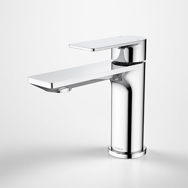 Caroma Urbane II chrome basin mixer tap, modern single lever, side view on white background