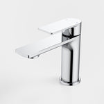 Caroma Urbane II chrome basin mixer tap with slim lever and cylindrical base, shown in side view on white background