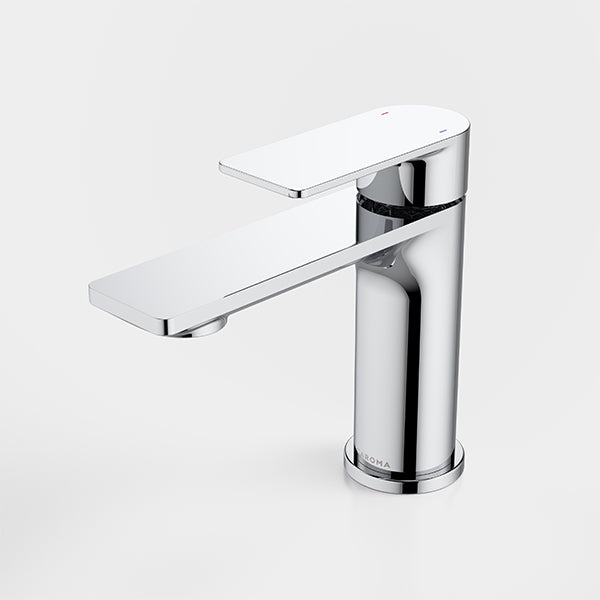 Caroma Urbane II chrome basin mixer tap with slim lever and cylindrical base, shown in side view on white background