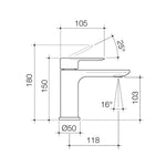 Caroma Urbane II basin mixer technical drawing in chrome, side view with dimensions and tap angles