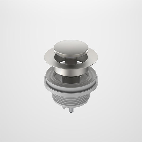 Caroma bath pop-up plug and waste in brushed nickel, round 40mm waste fitting, front view on white background