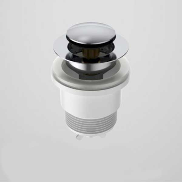 Caroma pop-up plug and waste in polished chrome, round 40mm basin waste on a plain grey background