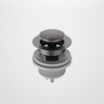 Caroma round pop-up bath/basin plug and waste in gunmetal, compact 40mm fitting on white background