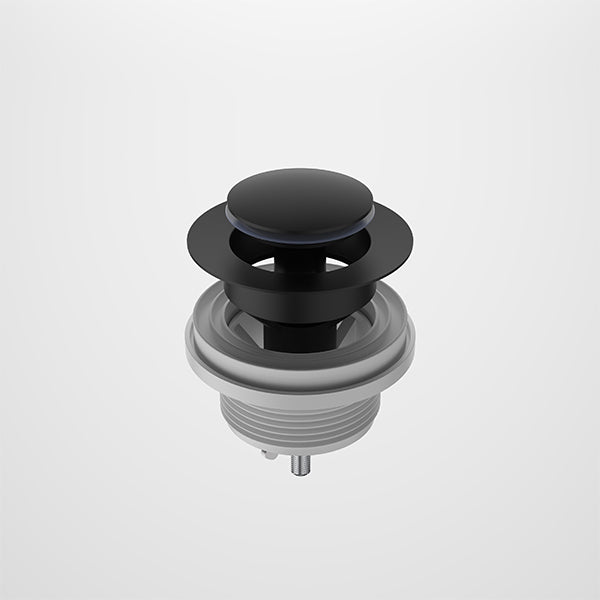 Caroma bath pop-up plug and waste in matte black, round 40mm waste fitting on white background