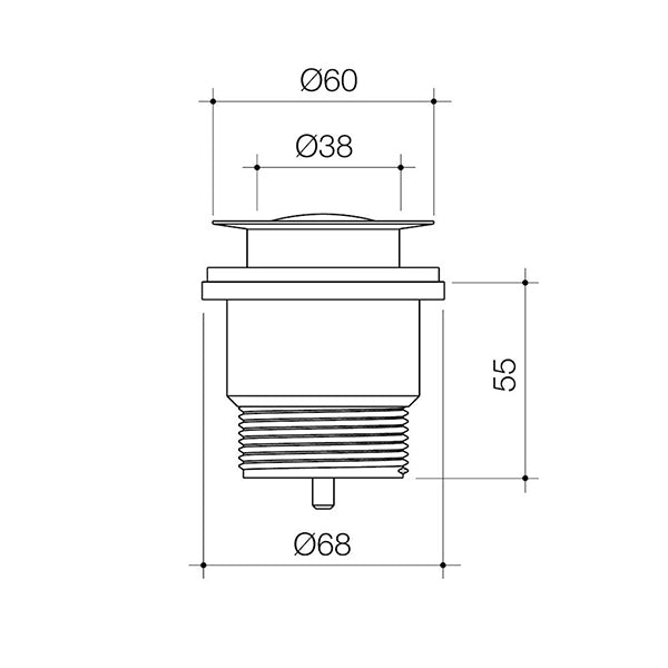 Caroma bath/basin pop-up disc plug and waste technical drawing in gunmetal, showing round profile and dimensions