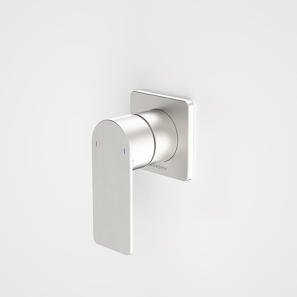 Caroma Urbane II square bath/shower mixer in brushed nickel, wall-mounted with single lever handle