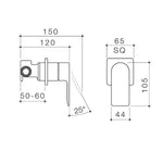 Technical drawing of Caroma Urbane II square bath/shower mixer, brushed nickel, showing side and front dimensions, wall-mounted