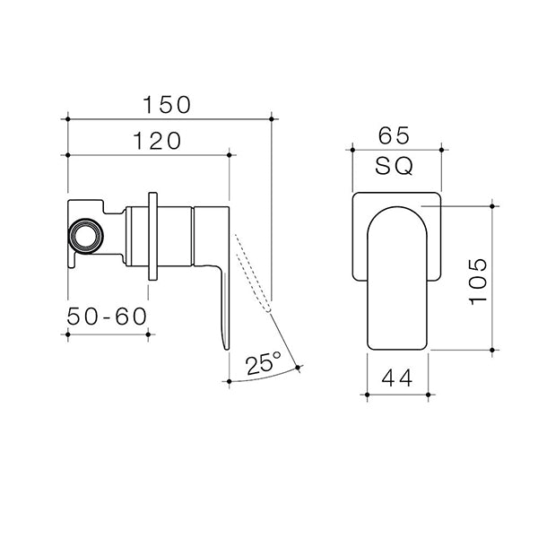 Technical drawing of Caroma Urbane II square bath/shower mixer, brushed nickel, showing side and front dimensions, wall-mounted