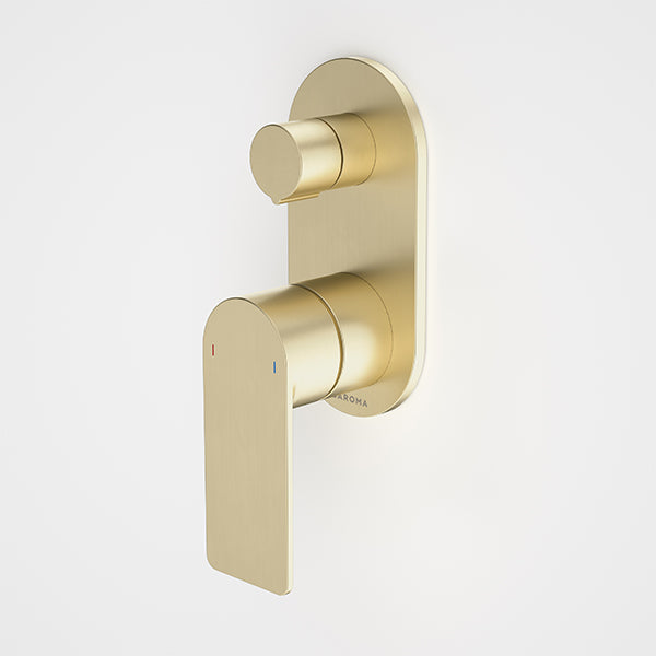Caroma Urbane II round wall-mounted bath/shower mixer with diverter in brushed brass, side view