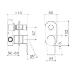 Caroma Urbane II wall mixer with diverter technical drawing, round brushed brass finish, front and side views with measurements