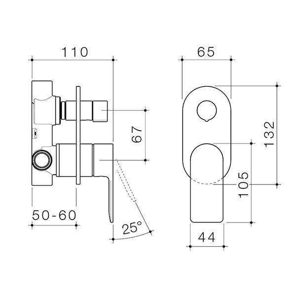 Caroma Urbane II wall mixer with diverter technical drawing, round brushed brass finish, front and side views with measurements