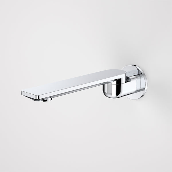 Caroma Urbane II round chrome bath spout with 220mm swivel outlet, shown in side view on a white background