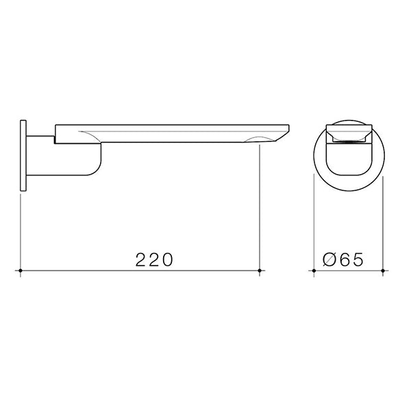 Caroma Urbane II round bath swivel outlet technical drawing in brushed brass, showing 220mm projection and Ø65mm dimensions