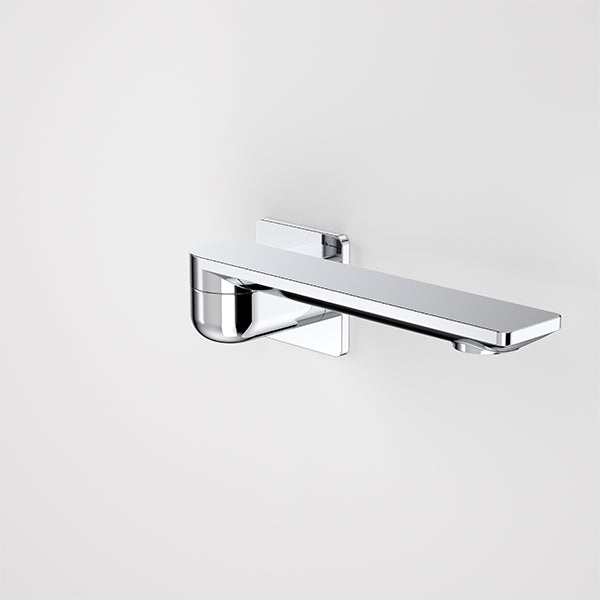 Caroma Urbane II square bath swivel outlet in chrome, wall-mounted with long spout on a white background