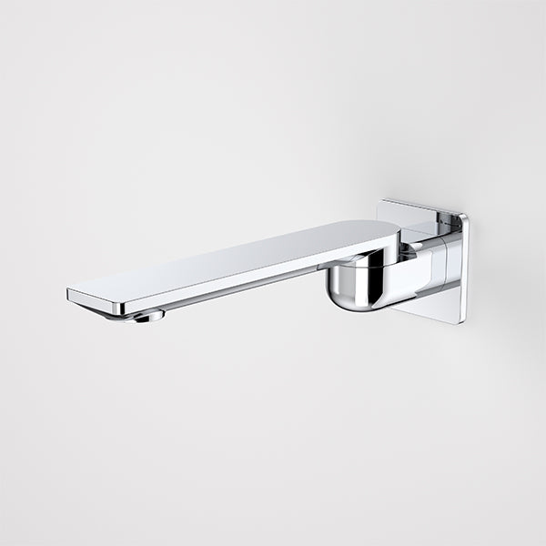 Caroma Urbane II square bath swivel outlet in chrome, side view with 220mm reach and wall plate